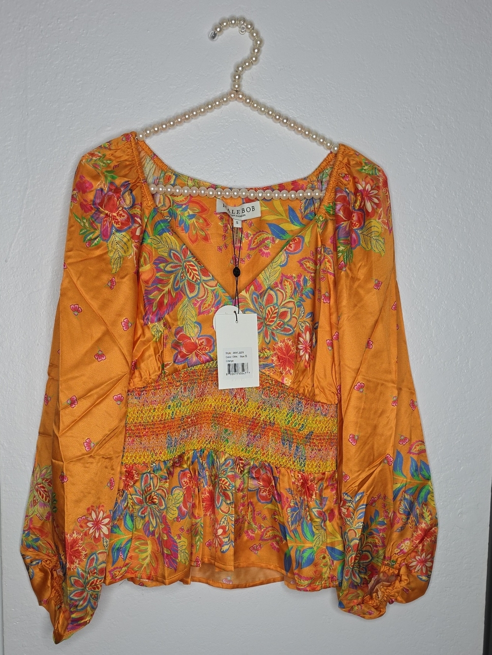 Hale Bob Orange Floral Long-Sleeve Smocked Peasant Top